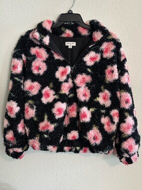 Sandy Liang Black Sherpa Zip Pullover with Pink Floral Print